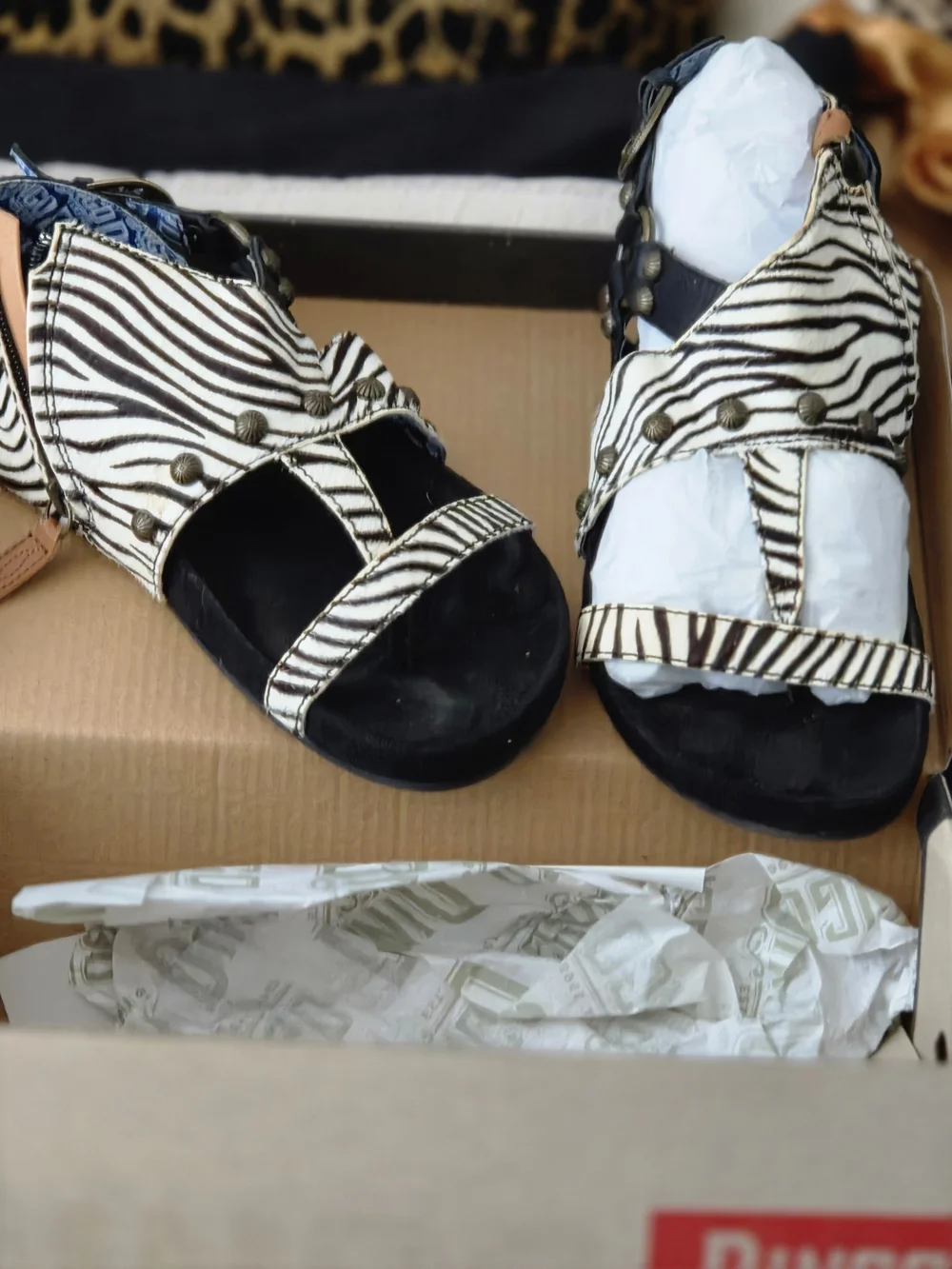 dingo Black & White Zebra Print Studded Sandals